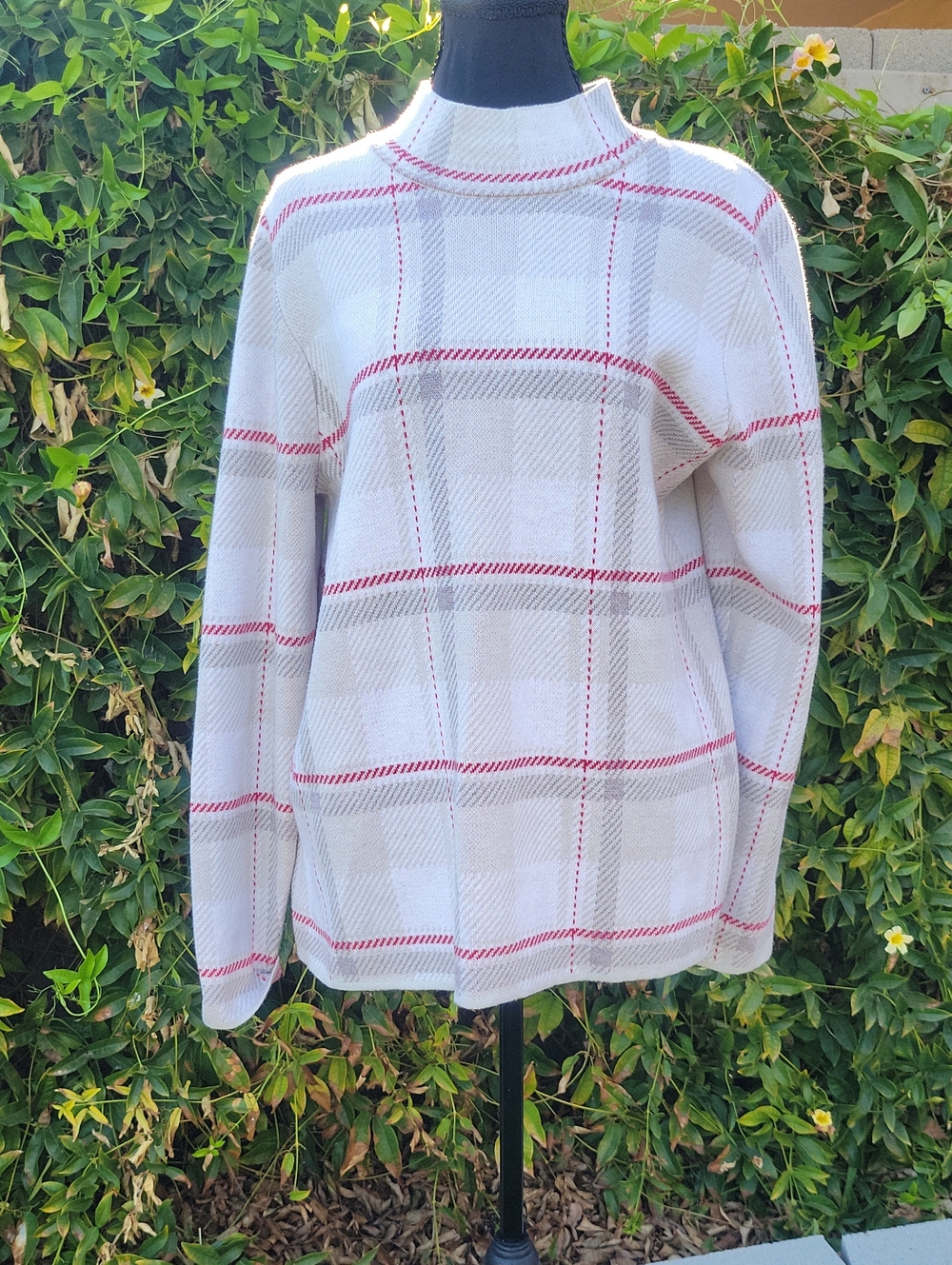 Land End Cream Mock Neck Plaid Sweater with Red Accents